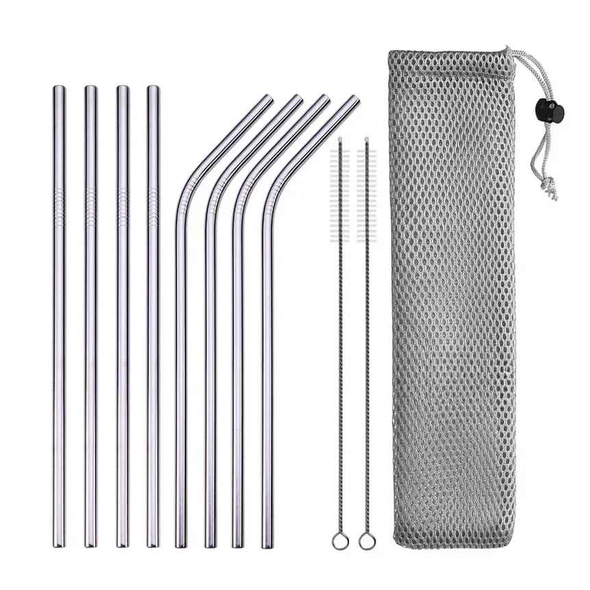 UPORS Reusable Stainless Steel Drinking Straws Set – 304 Metal Straws with Brush & Pouch (Straight & Bent