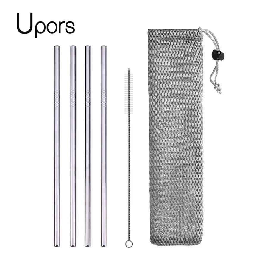 UPORS Reusable Stainless Steel Drinking Straws Set – 304 Metal Straws with Brush & Pouch (Straight & Bent