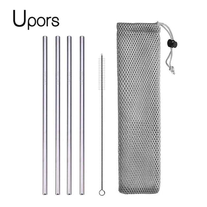 UPORS Reusable Stainless Steel Drinking Straws Set – 304 Metal Straws with Brush & Pouch (Straight & Bent