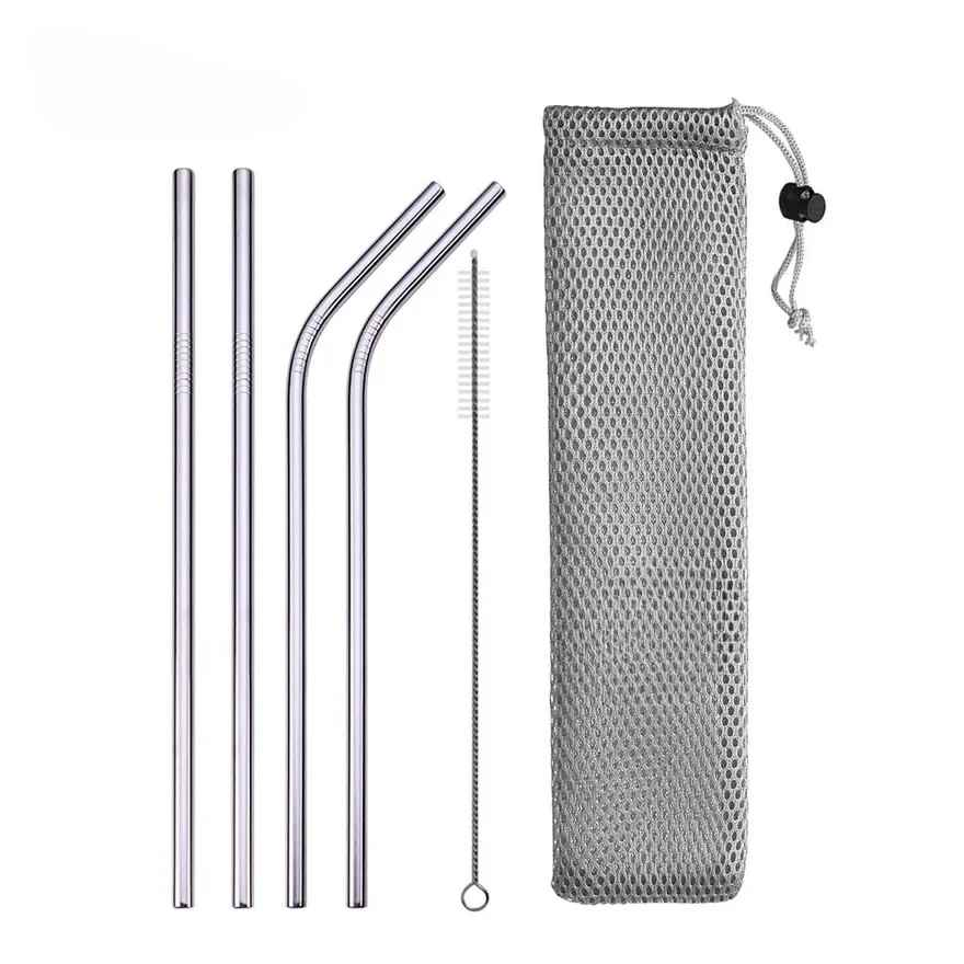 UPORS Reusable Stainless Steel Drinking Straws Set – 304 Metal Straws with Brush & Pouch (Straight & Bent