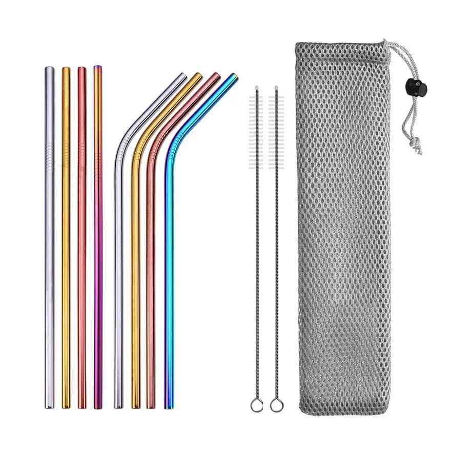 UPORS Reusable Stainless Steel Drinking Straws Set – 304 Metal Straws with Brush & Pouch (Straight & Bent