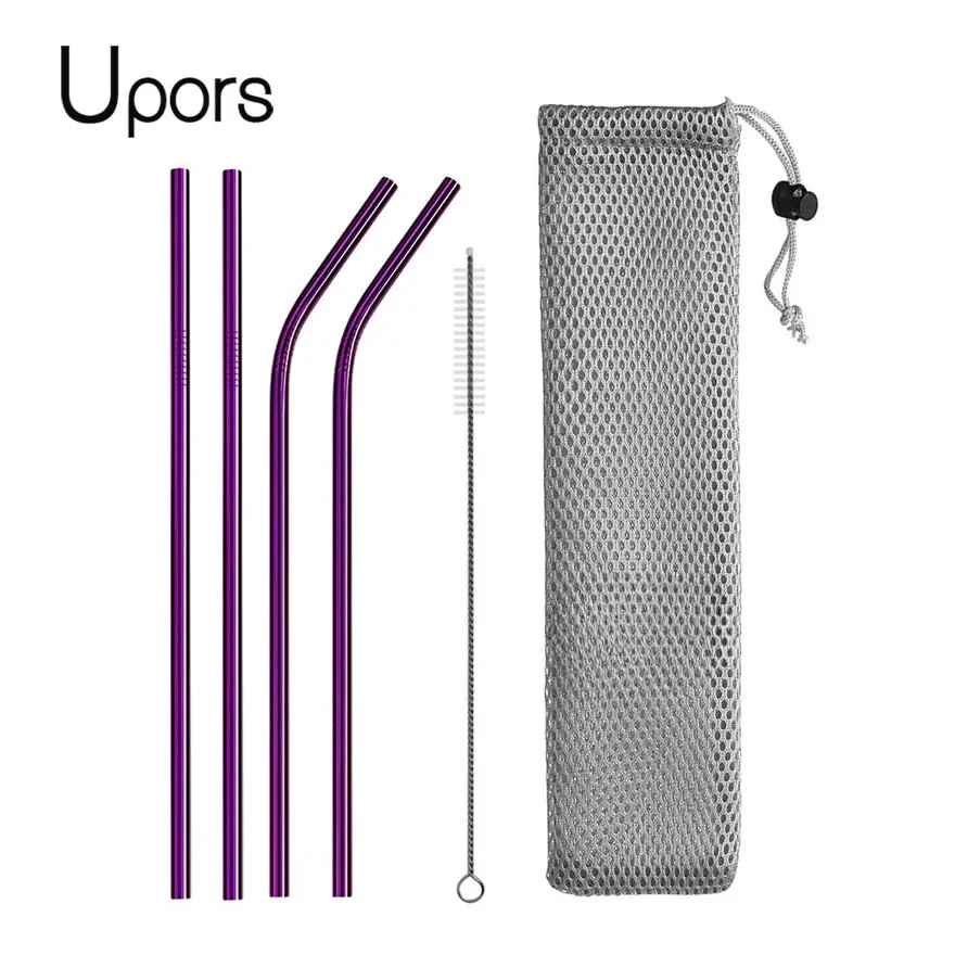 UPORS Reusable Stainless Steel Drinking Straws Set – 304 Metal Straws with Brush & Pouch (Straight & Bent