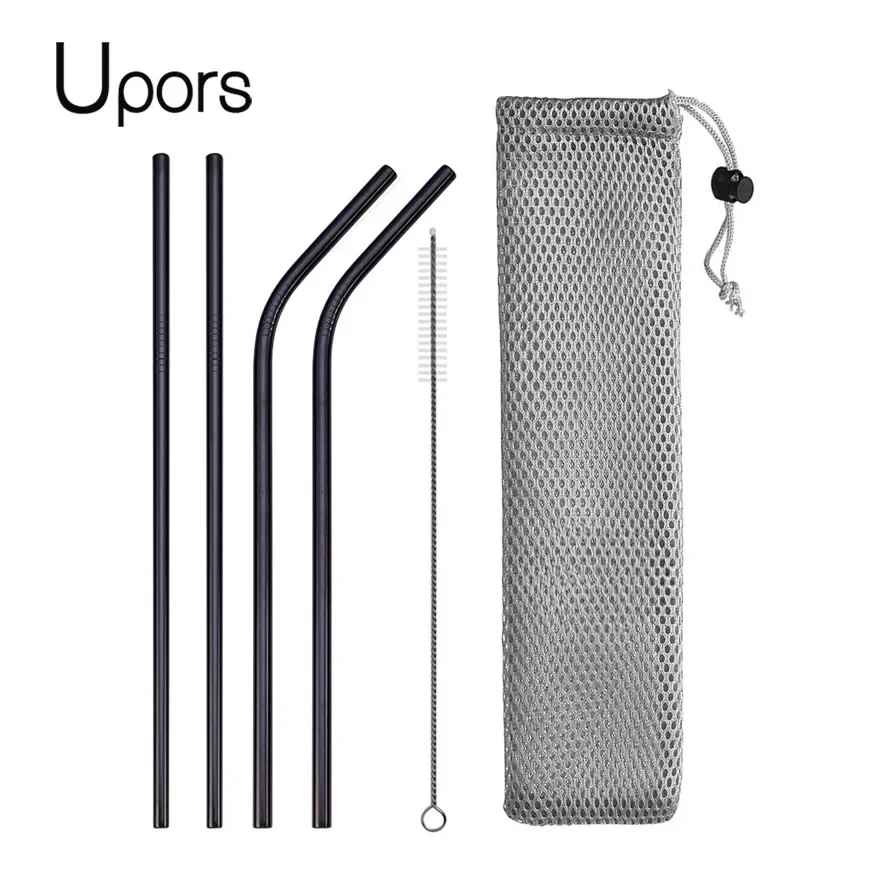 UPORS Reusable Stainless Steel Drinking Straws Set – 304 Metal Straws with Brush & Pouch (Straight & Bent