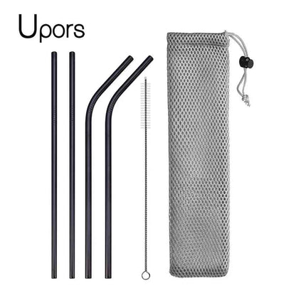 UPORS Reusable Stainless Steel Drinking Straws Set – 304 Metal Straws with Brush & Pouch (Straight & Bent