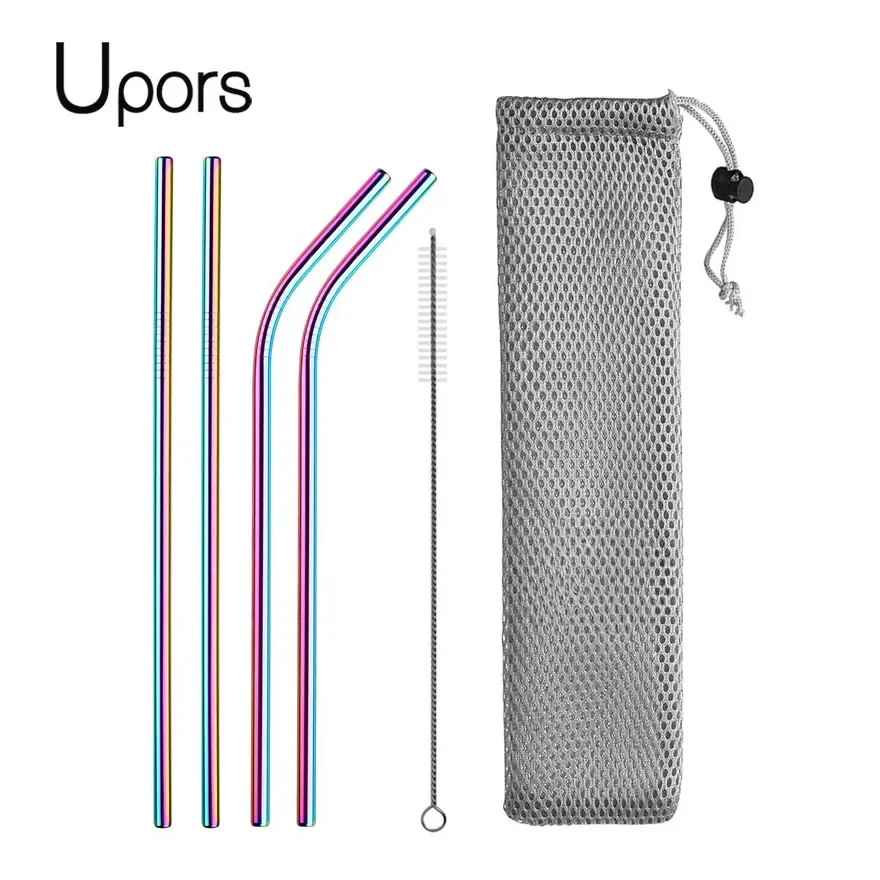 UPORS Reusable Stainless Steel Drinking Straws Set – 304 Metal Straws with Brush & Pouch (Straight & Bent