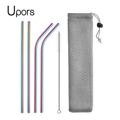 UPORS Reusable Stainless Steel Drinking Straws Set – 304 Metal Straws with Brush & Pouch (Straight & Bent