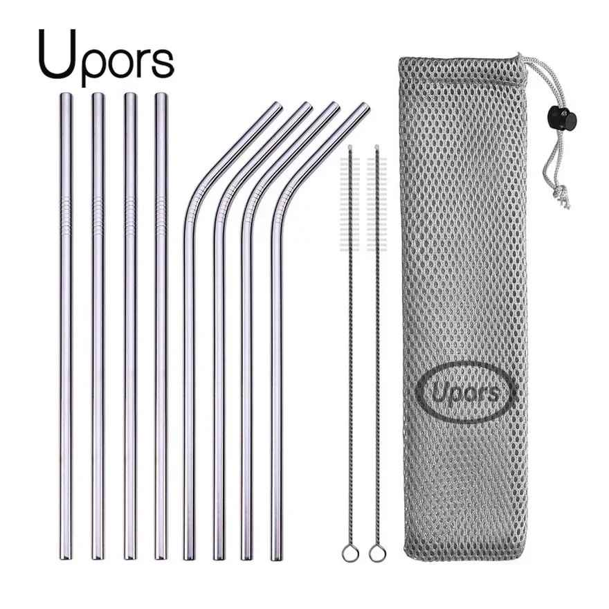 UPORS Reusable Stainless Steel Drinking Straws Set – 304 Metal Straws with Brush & Pouch (Straight & Bent