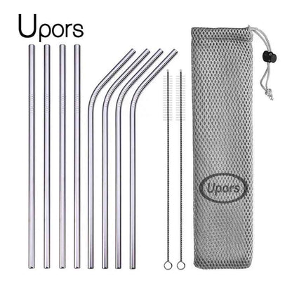UPORS Reusable Stainless Steel Drinking Straws Set – 304 Metal Straws with Brush & Pouch (Straight & Bent