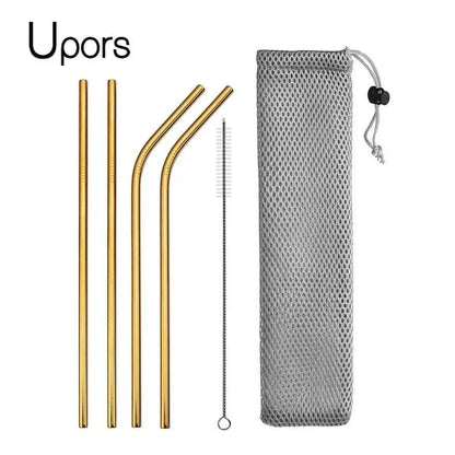 UPORS Reusable Stainless Steel Drinking Straws Set – 304 Metal Straws with Brush & Pouch (Straight & Bent